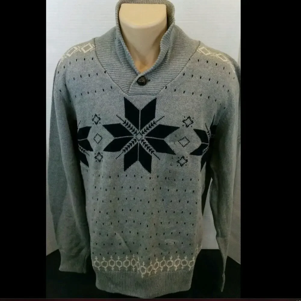 Weatherproof Sweater Fair Isle Vintage Large Shawl Collar Large Gray Navy Career